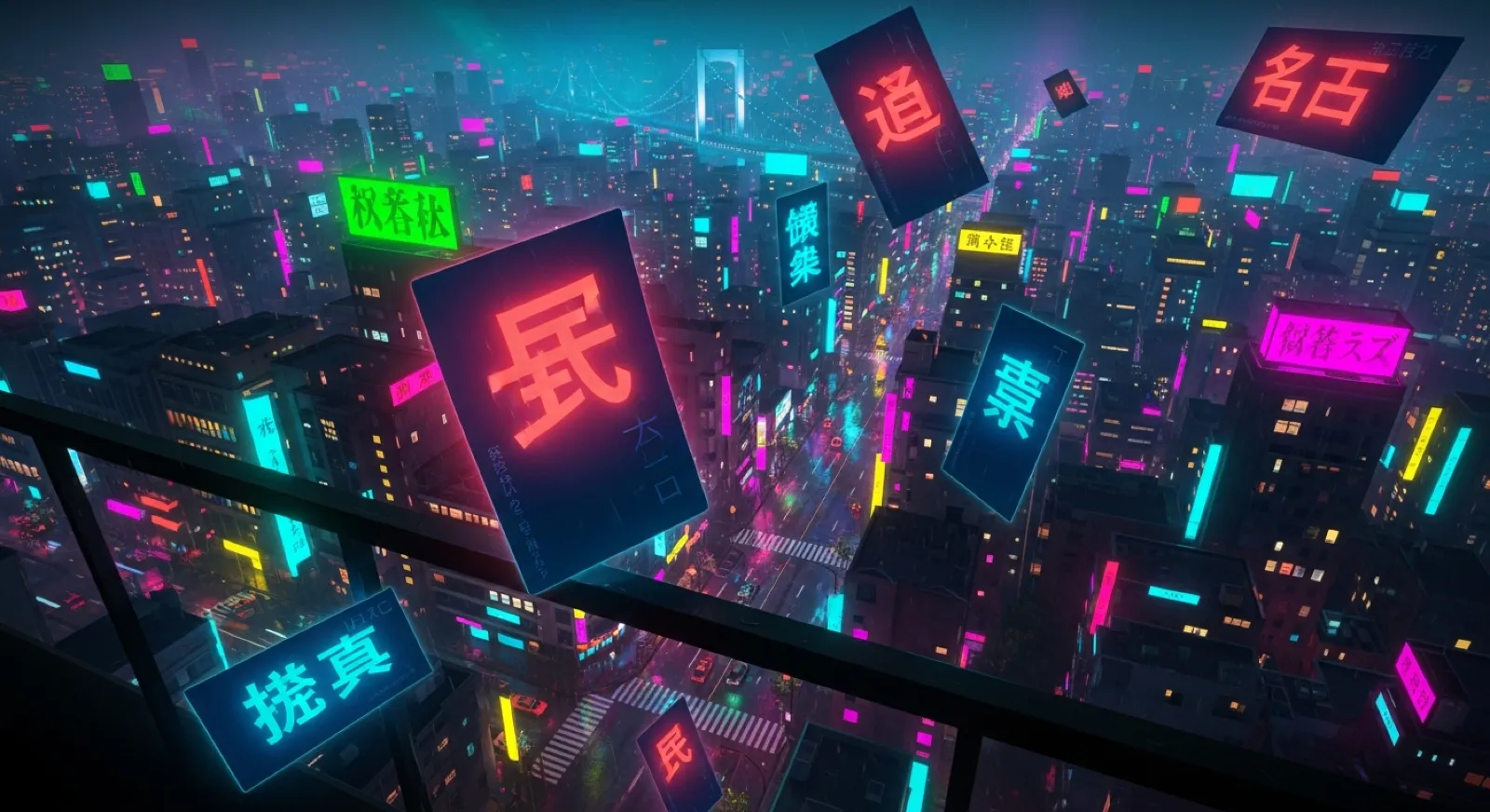 Vibrant anime-style scene with Japanese characters and glowing name cards
