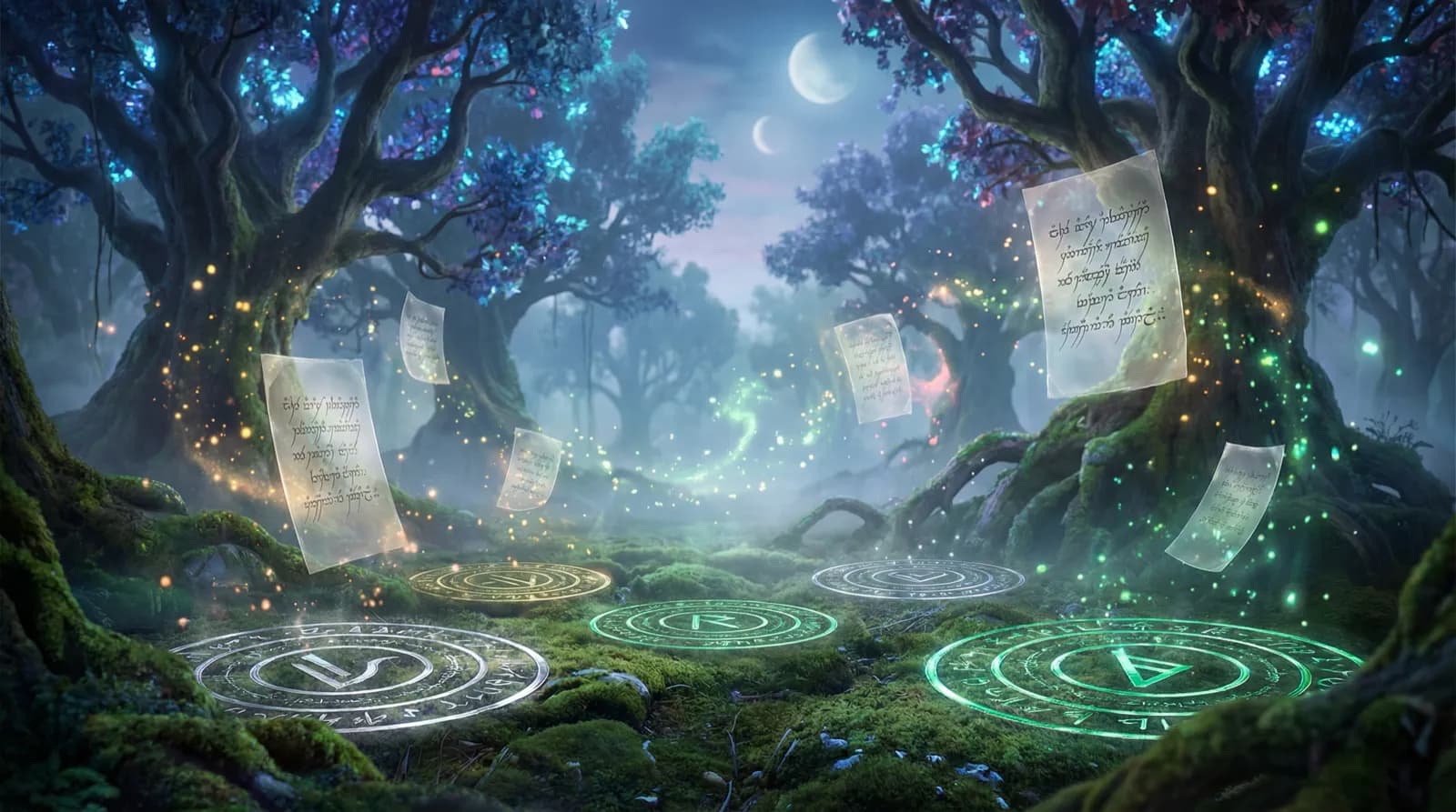 Mystical elven forest scene with magical runes and glowing cards